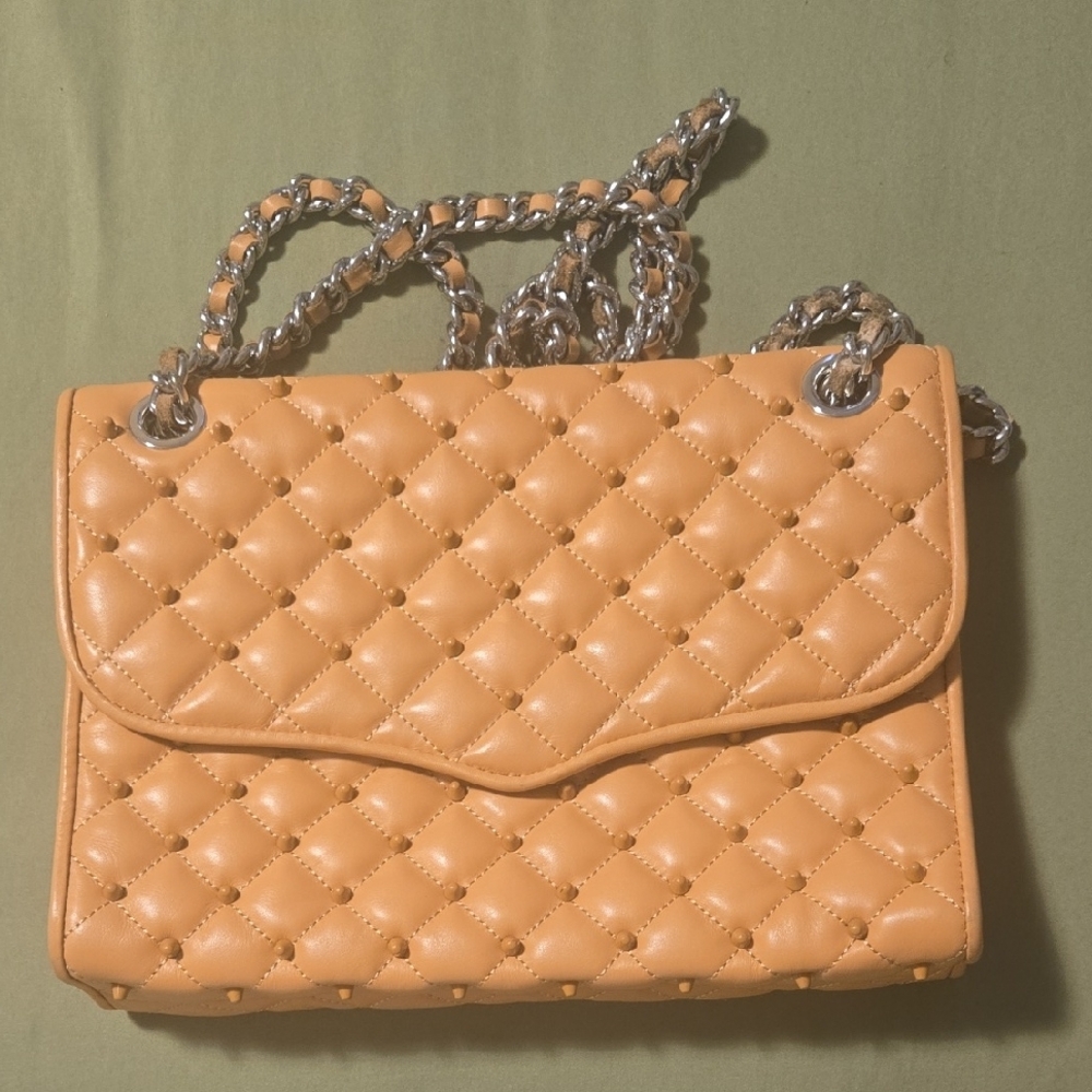 Elegant Tan Quilted Shoulder Bag with Silver Chain
